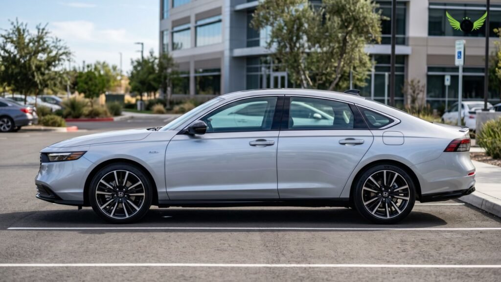 Side profile view of the 2026 Honda Accord Hybrid parked outdoors