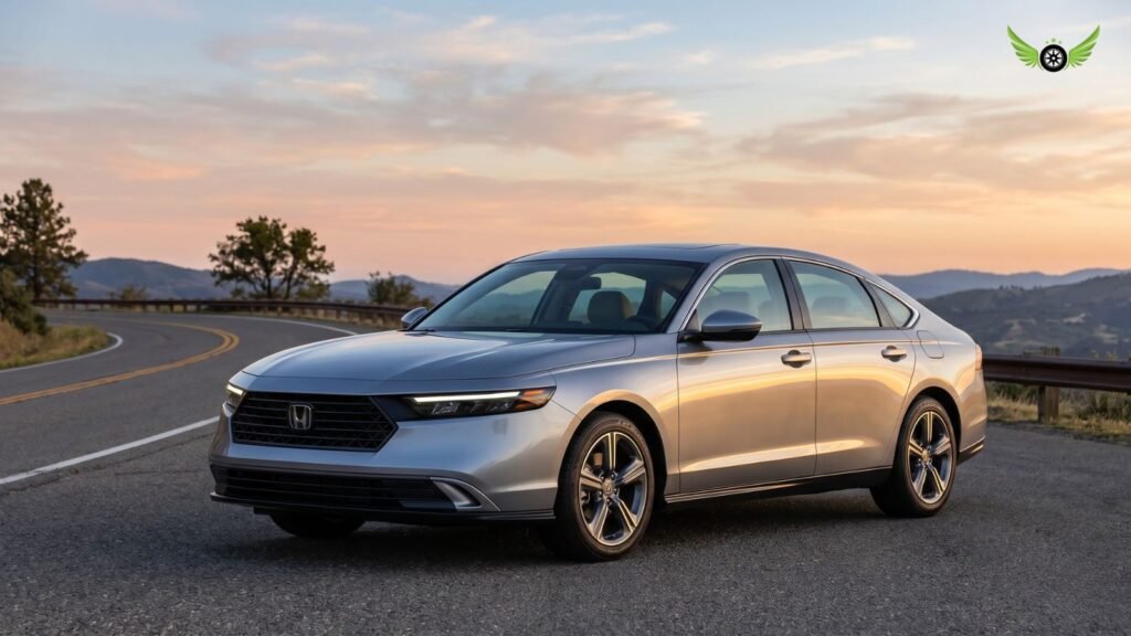 2026 Honda Accord Hybrid parked beside a scenic American road during sunset