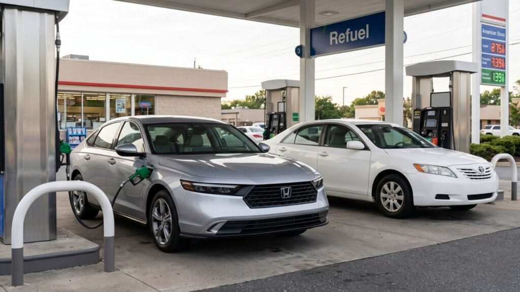 2026 Honda Accord Hybrid beside a gas sedan at an American gas station
