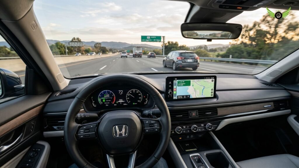 Interior POV view of the 2026 Honda Accord Hybrid during highway driving