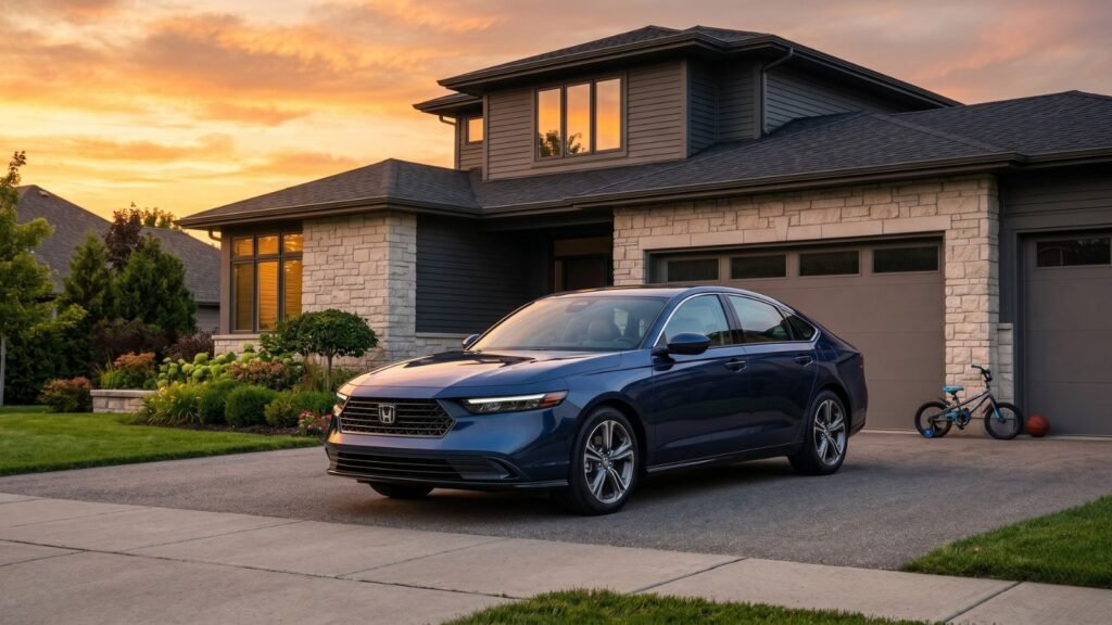 2026 Honda Accord Hybrid parked beside a suburban American home during sunset
