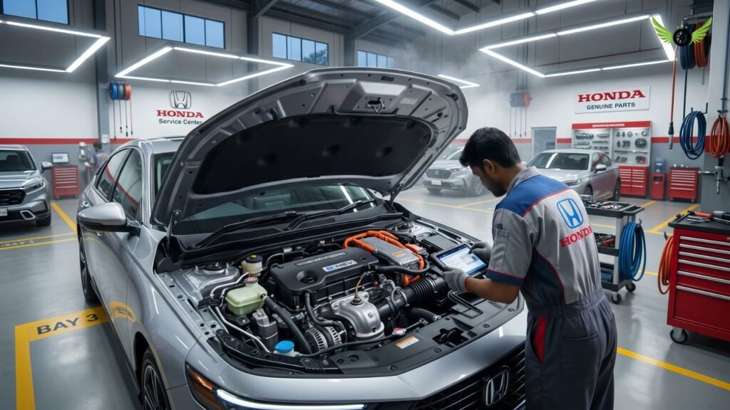 2026 Honda Accord Hybrid inside a modern Honda service center