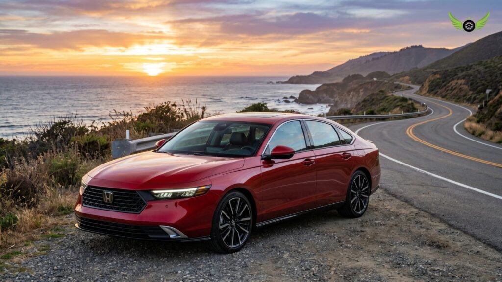 2026 Honda Accord Hybrid parked beside an American highway during sunset