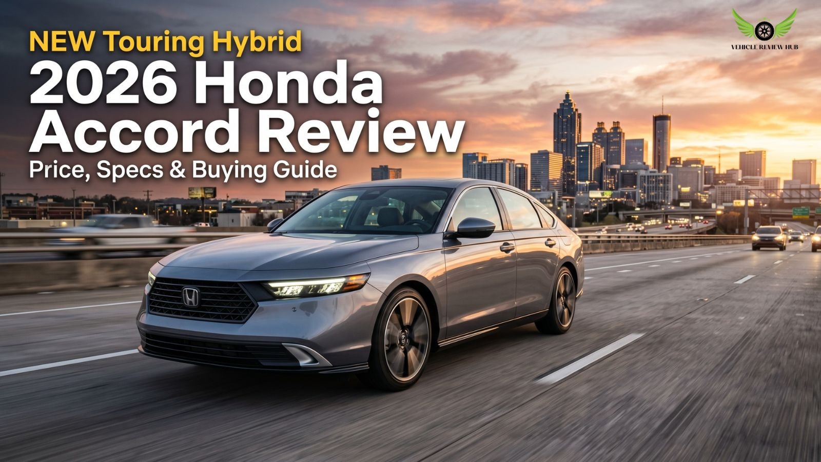 Realistic 2026 Honda Accord Touring Hybrid parked on an American highway