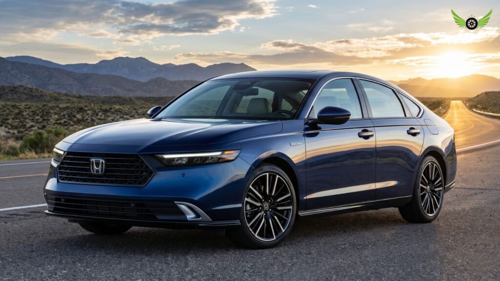 2026 Honda Accord Touring Hybrid parked beside a scenic American highway during sunset