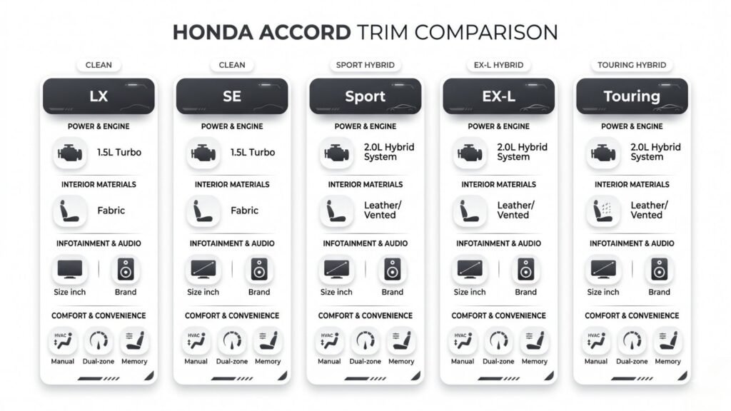 Clean infographic comparing 2026 Honda Accord trims