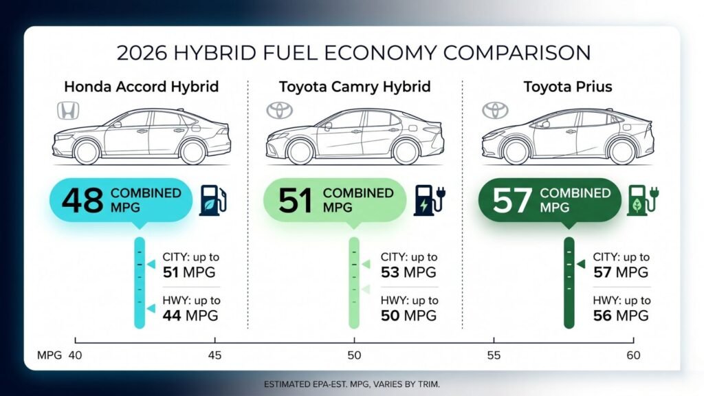 Fuel economy comparison infographic of Accord Hybrid, Camry Hybrid, and Prius