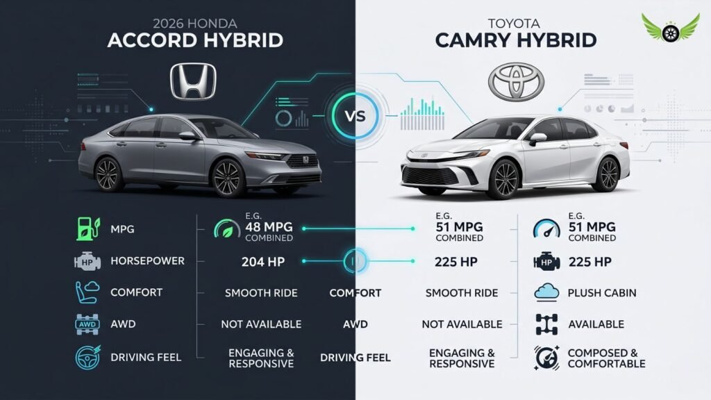 Comparison infographic of the 2026 Honda Accord Hybrid and Toyota Camry Hybrid