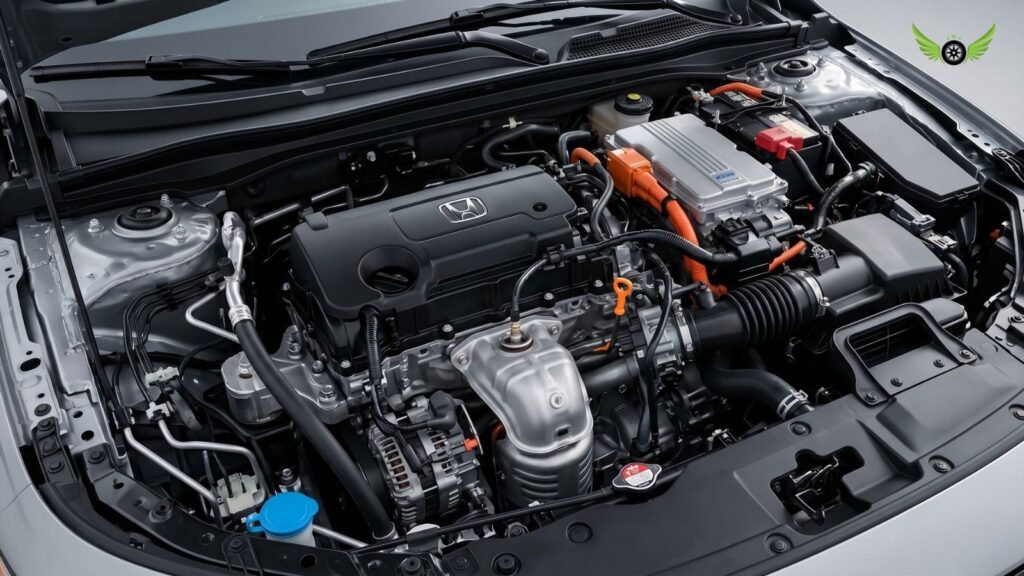 2026 Honda Accord Hybrid engine bay with hybrid powertrain components