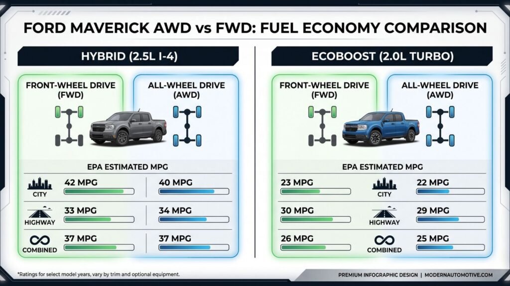 Ford Maverick AWD and FWD MPG comparison infographic