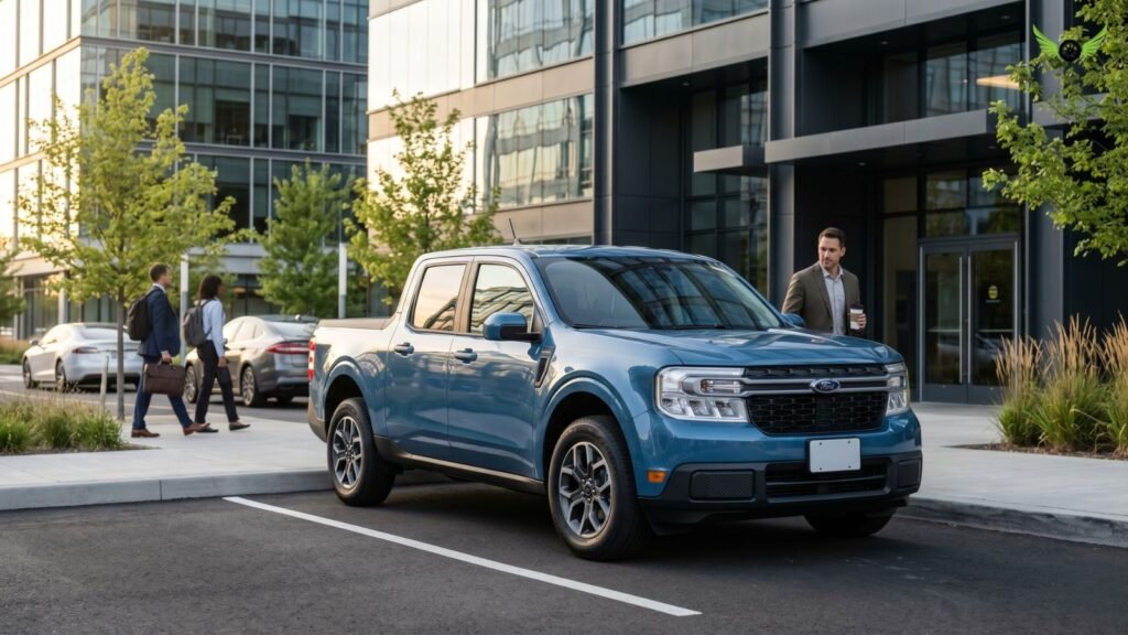 Ford Maverick Hybrid parked near a modern office building during morning commute