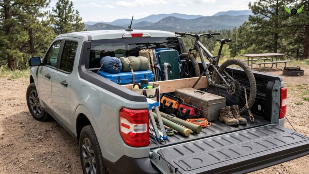 Ford Maverick FLEXBED loaded with camping gear and work tools