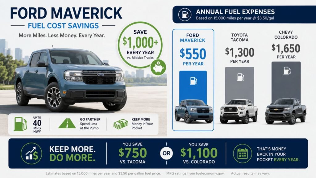 Ford Maverick fuel savings infographic comparing annual fuel costs