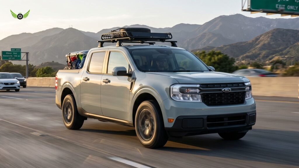 Ford Maverick cruising on a wide American interstate highway during a road trip