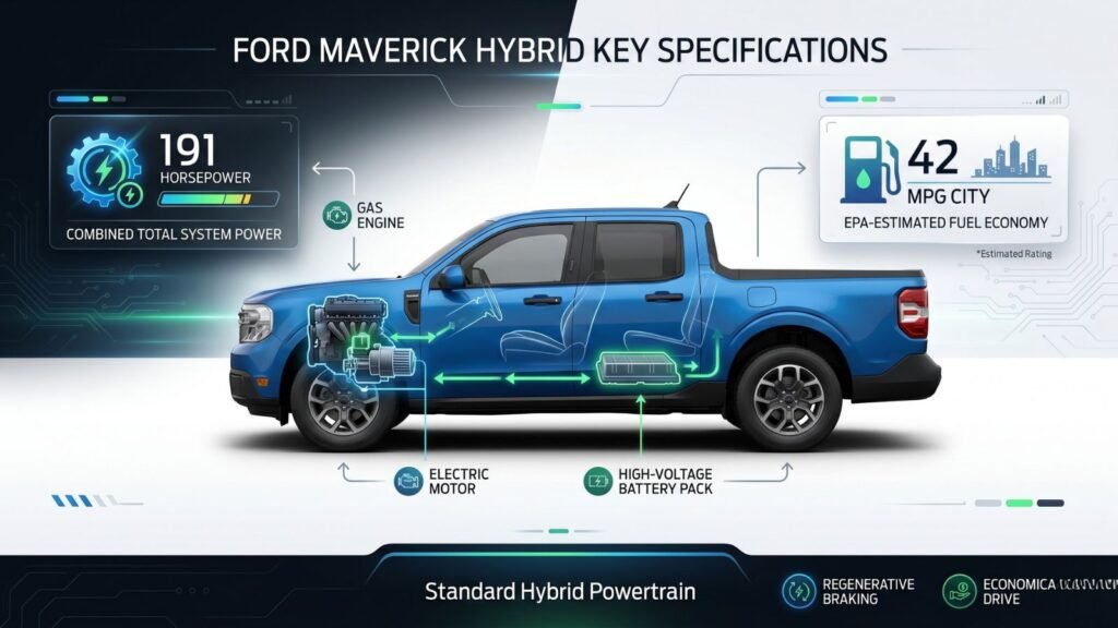 Ford Maverick Hybrid MPG and horsepower infographic