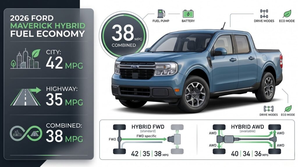 Ford Maverick Hybrid fuel economy infographic showing city and highway MPG
