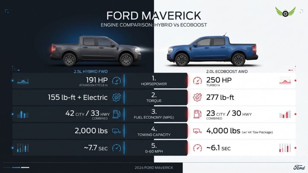Ford Maverick Hybrid vs EcoBoost engine performance infographic