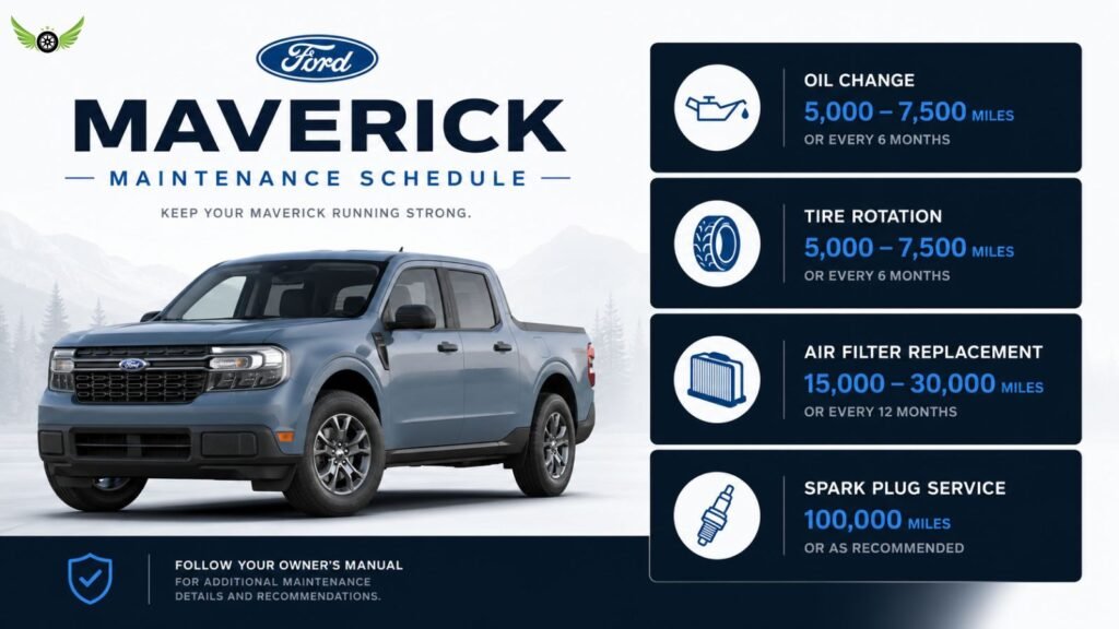 Ford Maverick maintenance schedule infographic showing service intervals