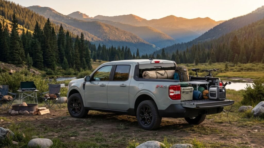 Ford Maverick parked at a campsite with outdoor gear in the truck bed