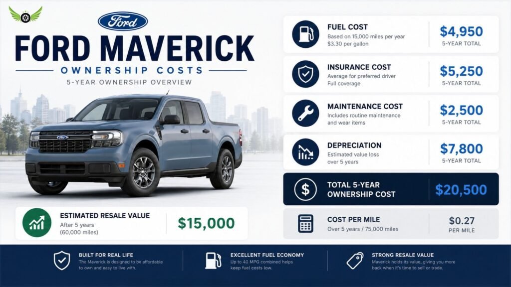 Ford Maverick ownership cost infographic showing fuel, insurance, and maintenance costs