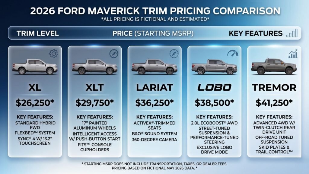 Ford Maverick trim pricing comparison infographic for 2026 USA models