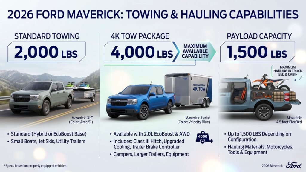 Ford Maverick towing and payload capacity infographic showing 2000 lbs and 4000 lbs towing