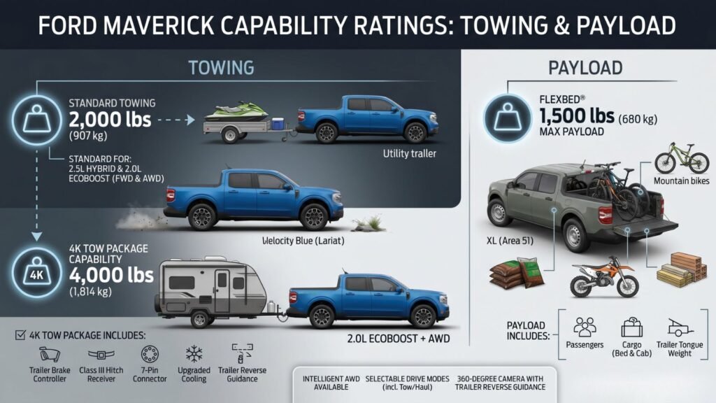 Ford Maverick towing capacity infographic showing 2000 lbs and 4000 lbs towing ratings