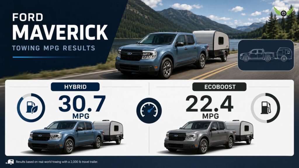 Ford Maverick towing MPG infographic showing hybrid and EcoBoost towing mileage