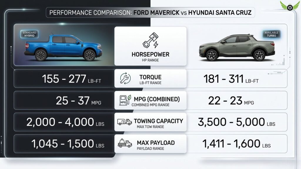 Ford Maverick and Hyundai Santa Cruz performance comparison infographic