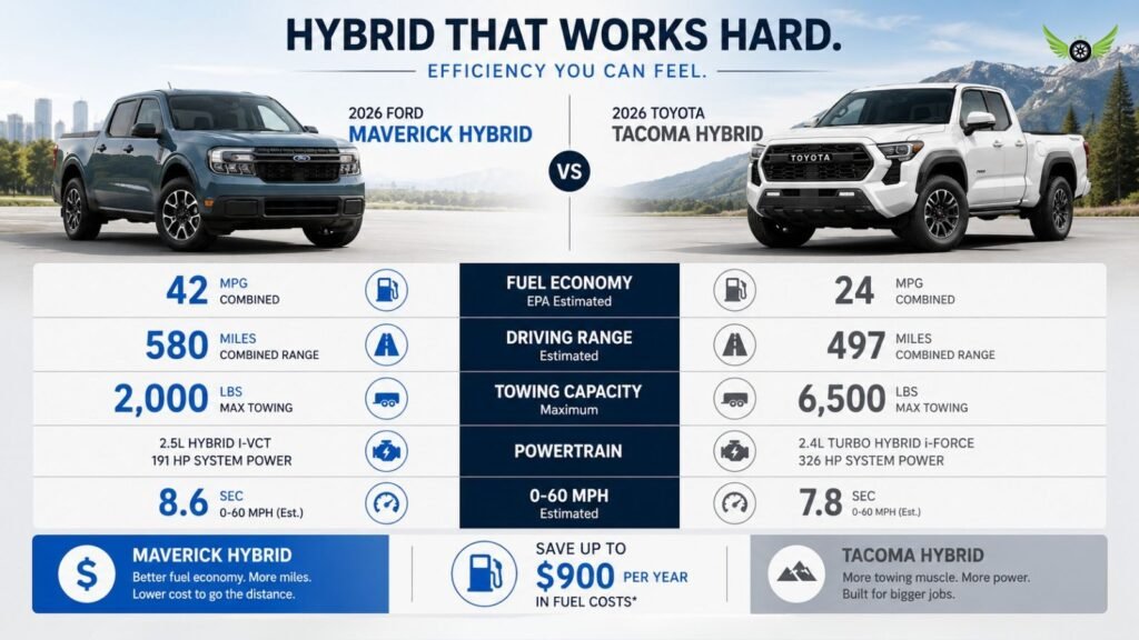 Ford Maverick and Toyota Tacoma MPG comparison infographic