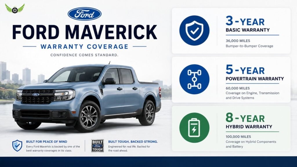 Ford Maverick warranty coverage infographic showing basic and hybrid warranty periods