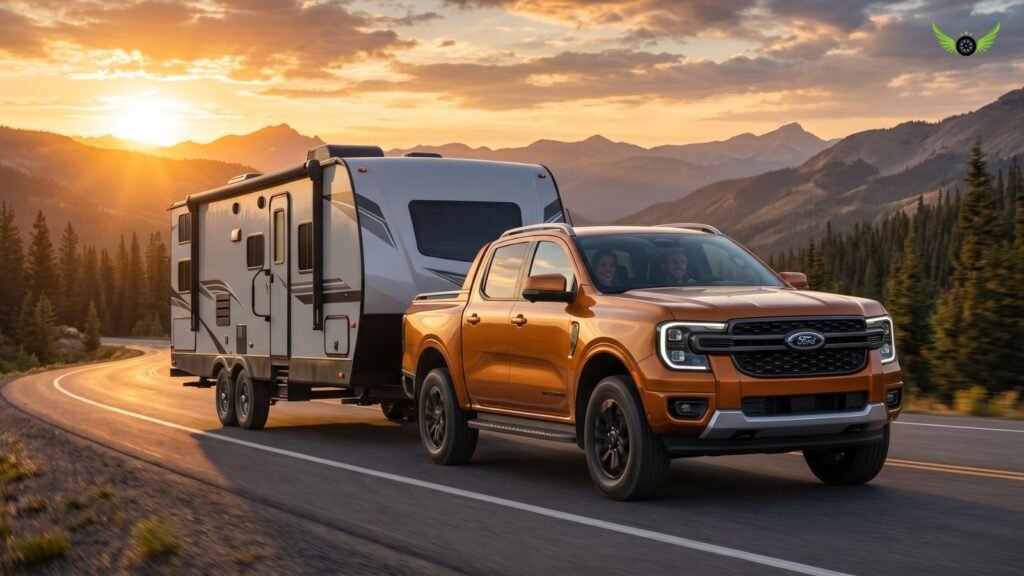 Ford Ranger towing a camper trailer on a mountain highway