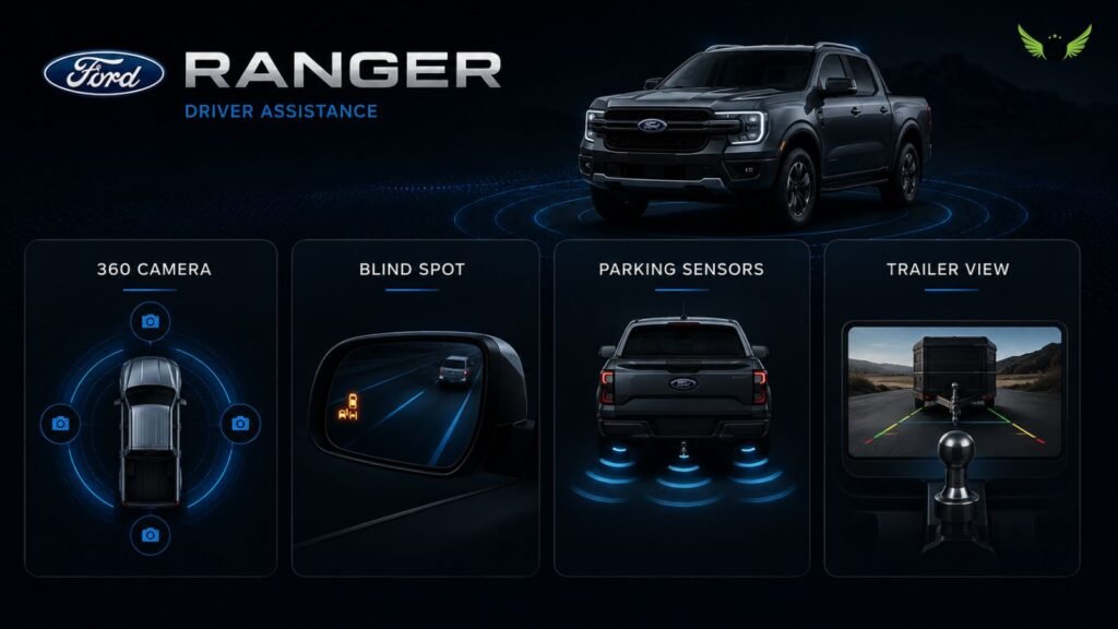 Minimal infographic showing Ford Ranger parking and driver assistance features