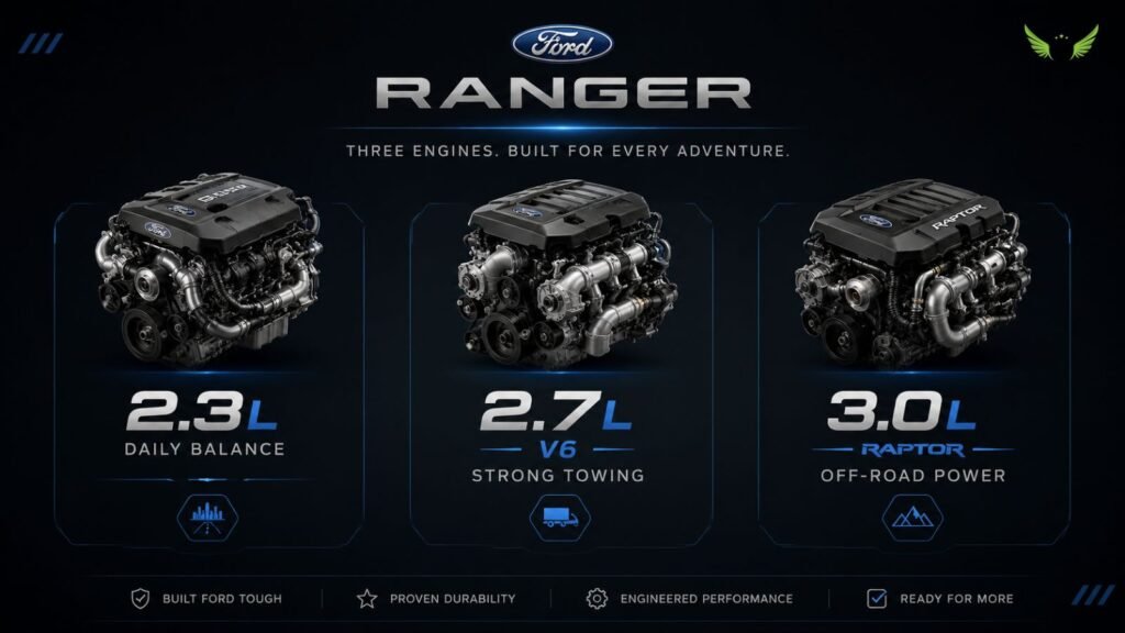 Minimal infographic comparing Ford Ranger engine options