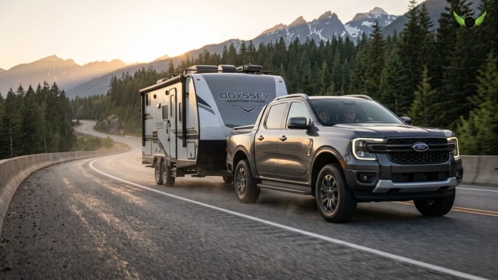 Ford Ranger towing a heavy trailer on a mountain highway