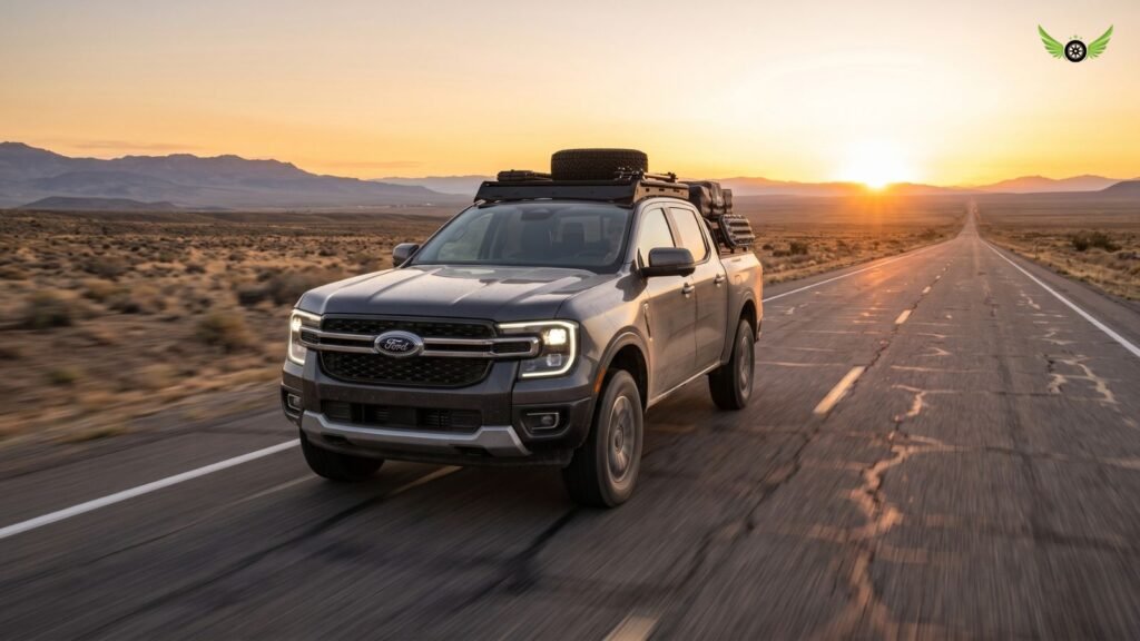 Ford Ranger driving on a long American highway during sunset