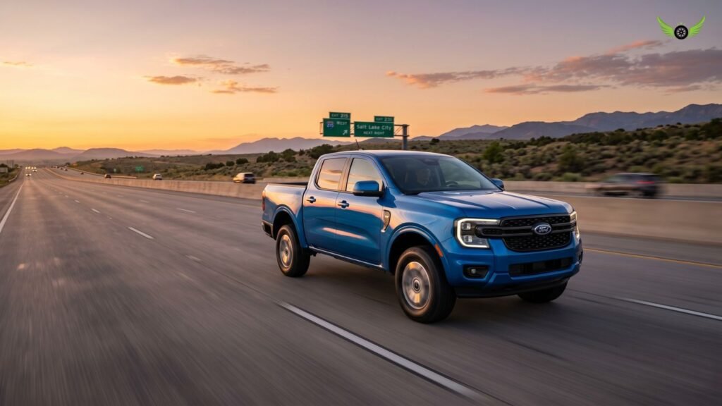 Ford Ranger cruising on a long American interstate highway during sunset
