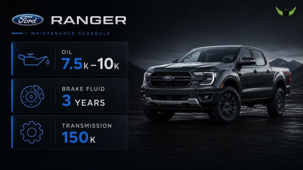 Minimal infographic showing Ford Ranger oil and transmission service intervals