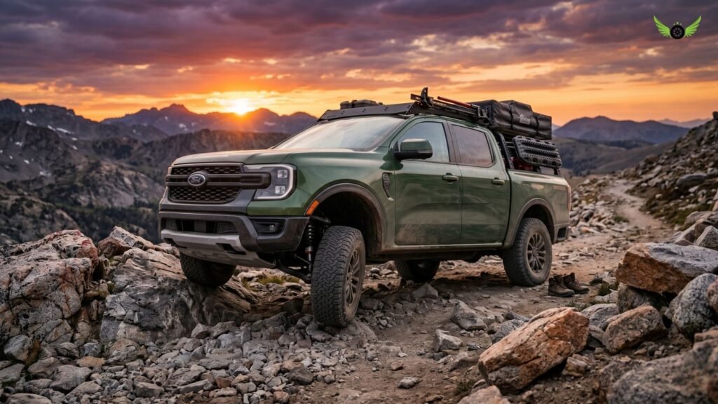 Ford Ranger parked on a rocky mountain trail during sunset
