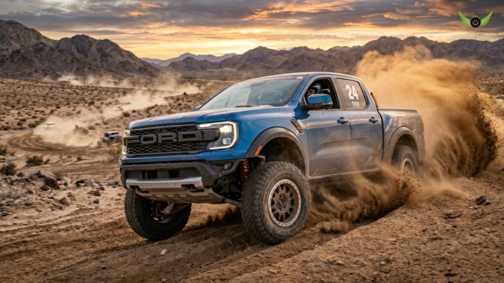 Ford Ranger Raptor driving through desert terrain with dirt spray