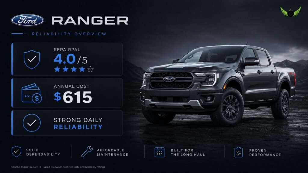 Minimal infographic showing Ford Ranger reliability and repair cost information