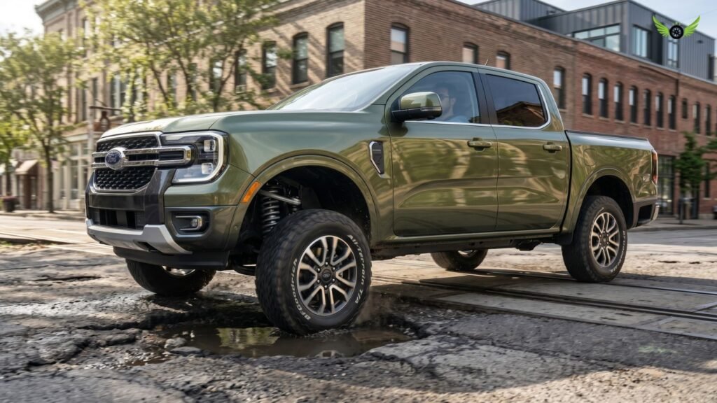 Ford Ranger driving on rough city roads with realistic suspension movement