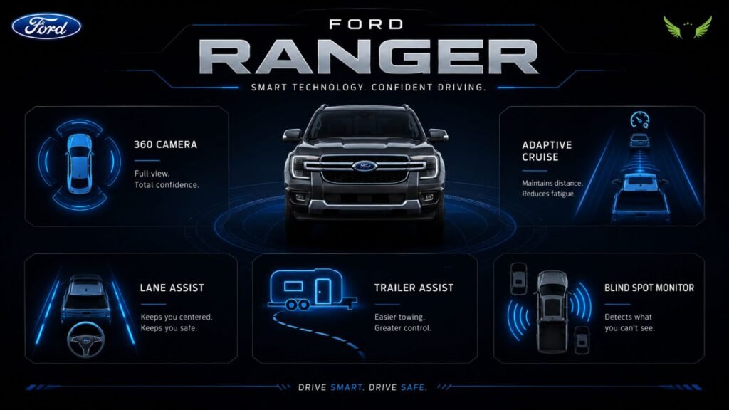 Minimal infographic showing Ford Ranger safety and driver assistance features