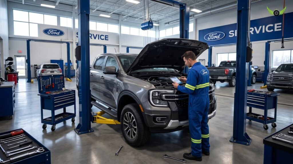 Ford Ranger inside a modern service garage during maintenance inspection