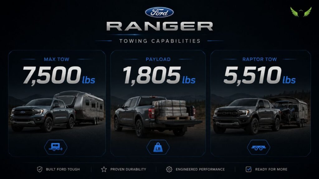 Minimal infographic showing Ford Ranger towing and payload numbers