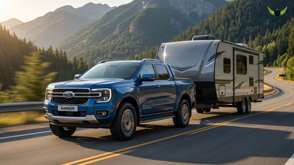 Ford Ranger towing a large camping trailer on an American highway
