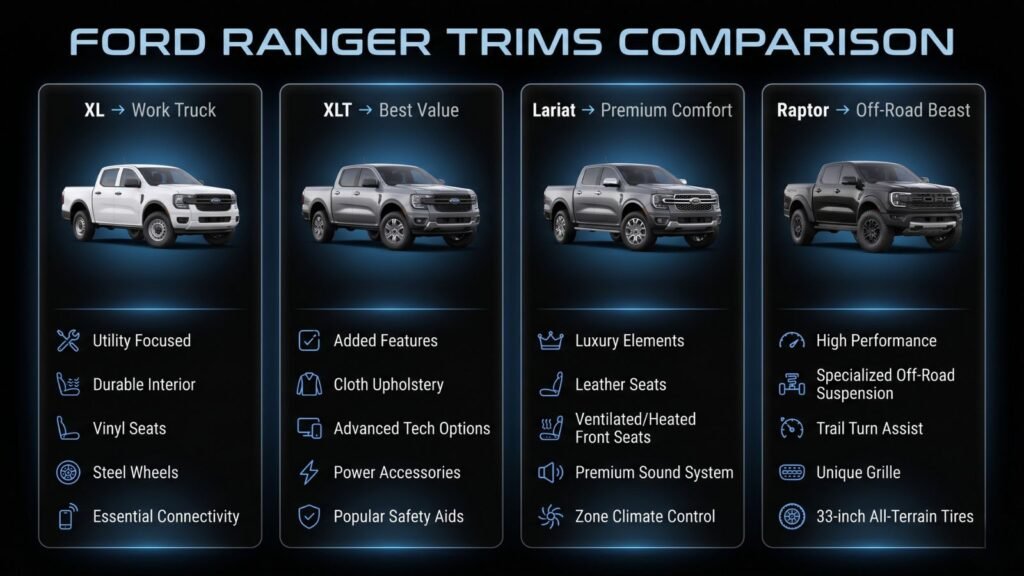 Minimal infographic comparing Ford Ranger trims