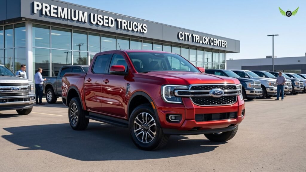 Ford Ranger parked at a modern used truck dealership in the USA