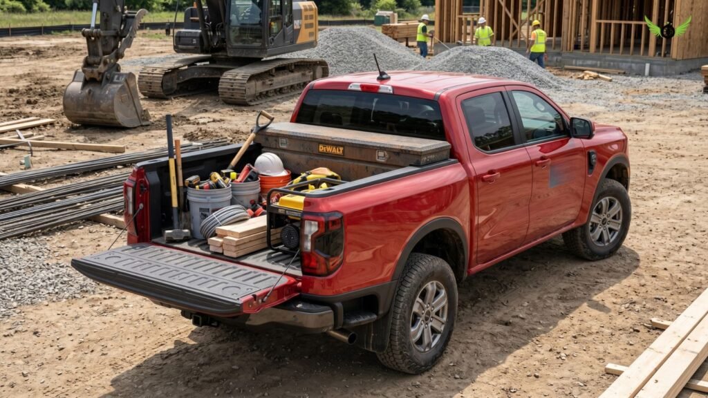 Ford Ranger parked at a work site with tools inside the truck bed