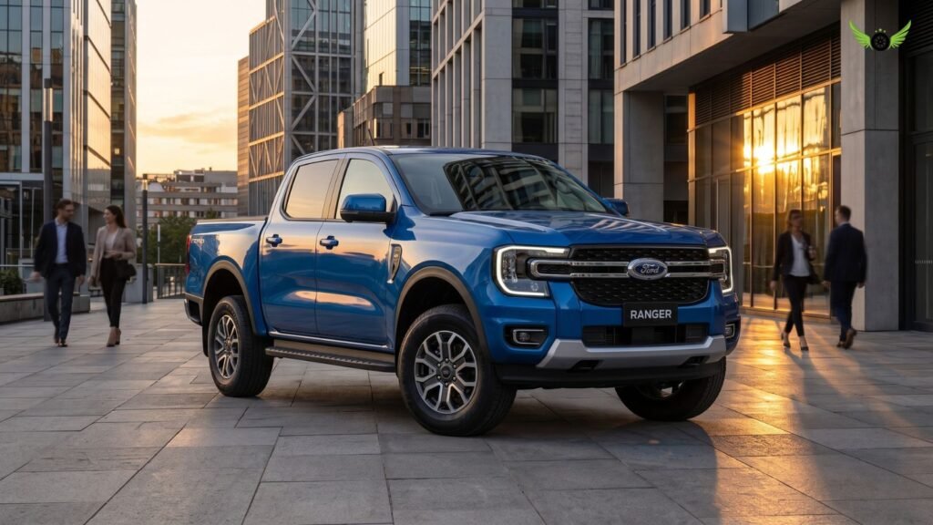 Ford Ranger XLT parked near a modern city environment during sunset